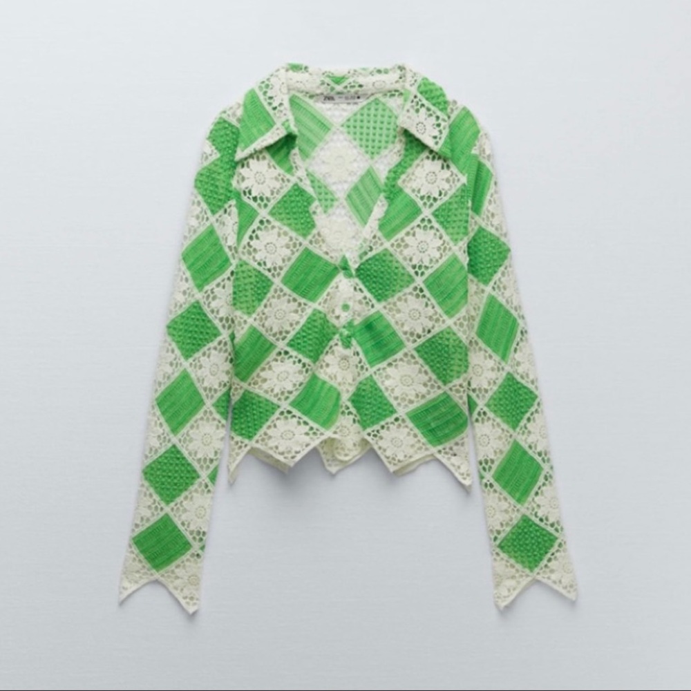 Zara green and off white crochet top